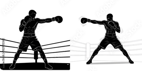 Black silhouette of a boxer punching in an aggressive stance, powerful combat motion, minimal ring scene, transparent background.svg