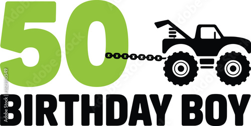 A large green number fifty is linked by a chain to a black monster tow truck