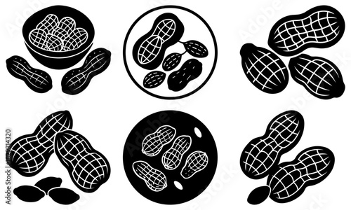 Delicious peanuts in varied arrangements, showcasing healthy snack options and culinary applications, original vector illustration, healthy food concept