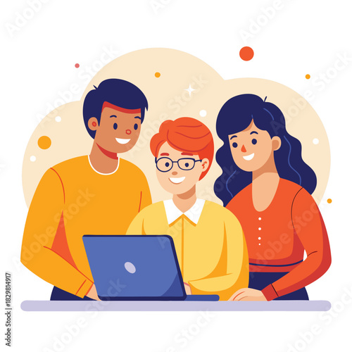 Happy family looking at a laptop together with a child in the middle happiness togetherness
