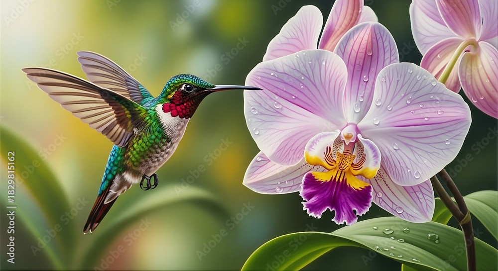 Fototapeta premium Vibrant Ruby Throated Hummingbird Hovering Near Pink Orchid Flower.