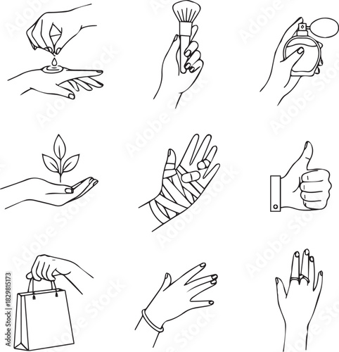 A Set of modern line hands concepts for beauty, cosmetics, healthcare, body care, fashion. Vector illustration elements for graphic and web design, marketing material, product presentation, social med