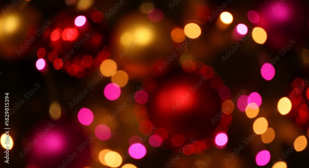 Obraz premium A festive holiday background with glowing, out-of-focus Christmas ornaments and colorful bokeh lights.