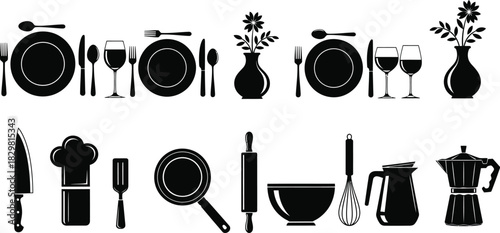 Elegant table setting and kitchen utensils silhouette collection