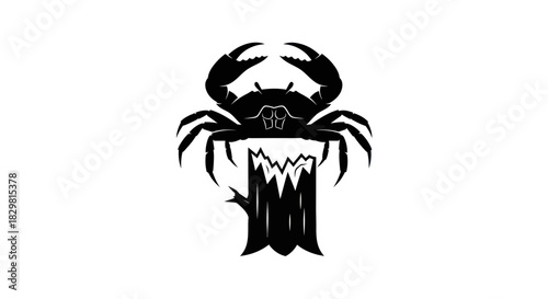 Stylized black and white illustration of a crab on a tree stump.