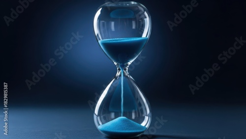 Blue sand hourglass measuring time, illustrating countdown, deadlines, and the relentless march of moments.