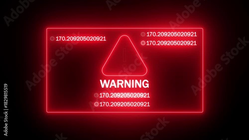 glowing red frame with urgent security warning. digital hud warning error message with glowing text. futuristic red warning interface on black background.