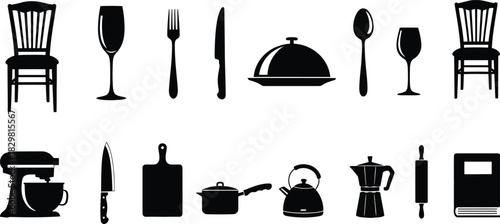 Elegant dining and kitchenware black silhouette collection on white background