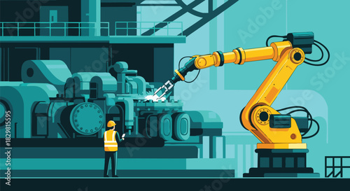 An illustration captures a factory worker observing a robotic arm welding machinery, symbolizing automation and industrial processes in a modern manufacturing plant.