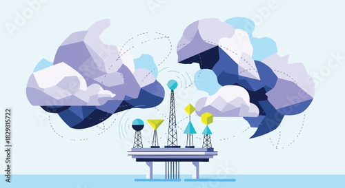 An abstract illustration depicts a network of communication towers, symbolizing data transmission, connectivity, and the digital cloud against a light blue backdrop.
