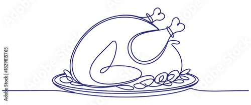 Single line drawing of a turkey on a platter in blue ink