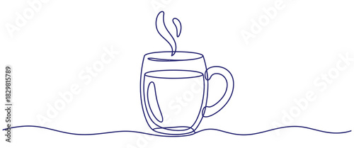 Line drawing of a steaming mug on a wavy line surface