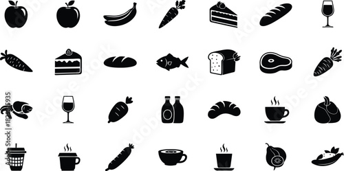 Food and drink icon set in black and white style