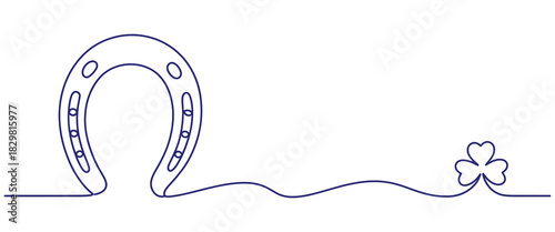 Horseshoe and shamrock outline on a single blue line art