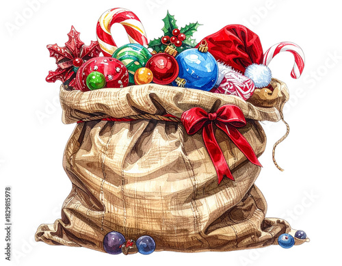 Santa s overflowing sack of christmas gifts and ornaments isolated on transparent background