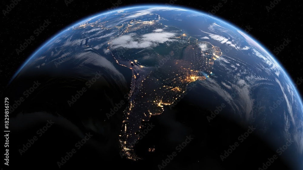Obraz premium View of planet earth at night showing city lights across south america and parts of central america from a space horizon.