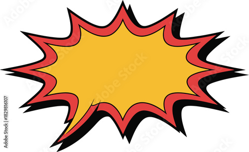 A vibrant yellow comic explosion speech bubble with red and black outlines appears on a white background