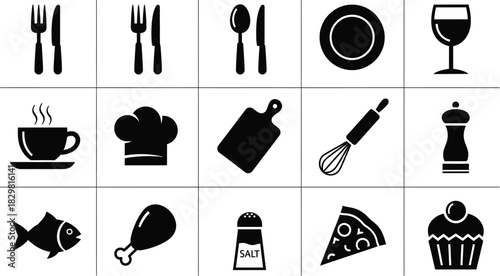 Black and white kitchen and food icons set