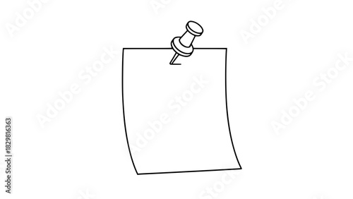 Vector reminder note pinned with thumbtack, clean outline style, simple memo paper with pin, isolated, minimal line art, stock image design