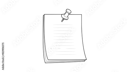 Vector reminder note pinned with thumbtack, clean outline style, simple memo paper with pin, isolated, minimal line art, stock image design
