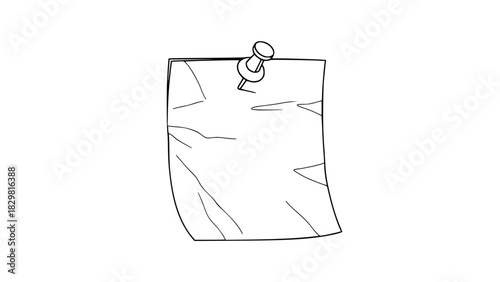 Vector reminder note pinned with thumbtack, clean outline style, simple memo paper with pin, isolated, minimal line art, stock image design