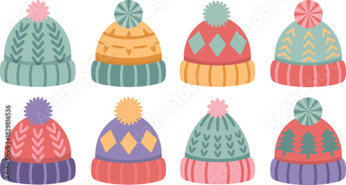 An assortment of vibrant knitted winter hats displaying unique patterns and soft pom poms for chilly days