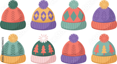 An assortment of warm knitted winter hats featuring colorful designs and fluffy pom poms