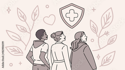 Diverse group of people looking towards healthcare protection with hope and optimism, a modern illustration for medical campaigns and wellness programs, promoting peace of mind