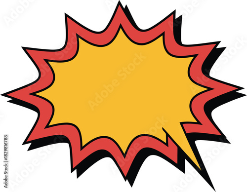 An energetic comic style explosion speech bubble in bright yellow with striking red and black borders