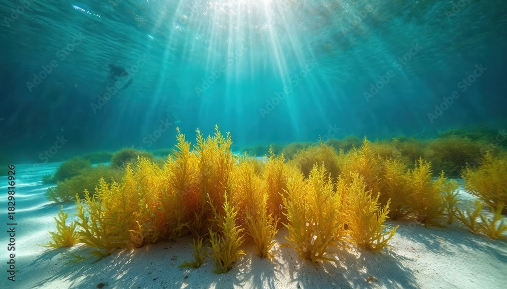Naklejka premium Underwater scene vibrant yellow seaweed growth on sandy seabed. Sunlight streams through water creating dramatic rays illuminating marine flora. Diver explores colorful aquatic environment near