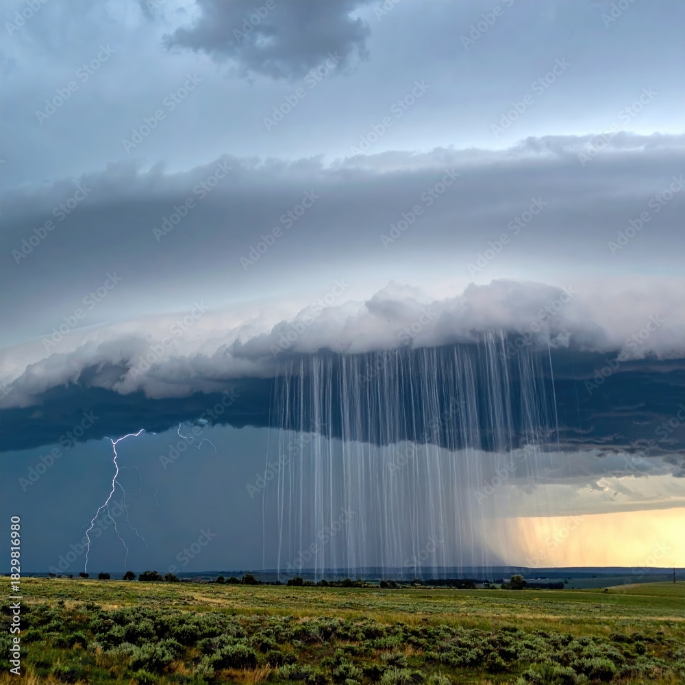 Fototapeta premium Dramatic storm clouds with lightning and rain over a grassy plain