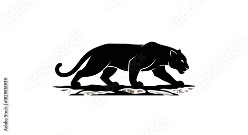 Majestic Black Panther Silhouette Strolling Gracefully on White Background.