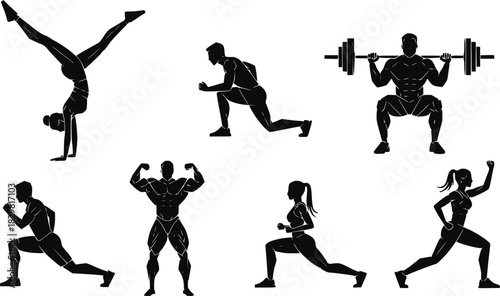 Set of silhouettes of people exercising in the gym, EPS version.