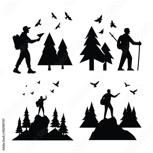 Silhouettes of hikers and trees with birds flying overhead