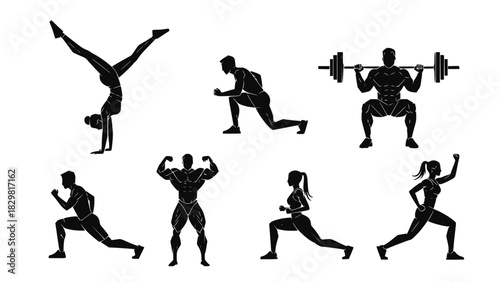 Set of silhouettes of people exercising in the gym, transparent background SVG version.