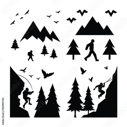 Silhouette of hikers and climbers in mountain and forest landscapes
