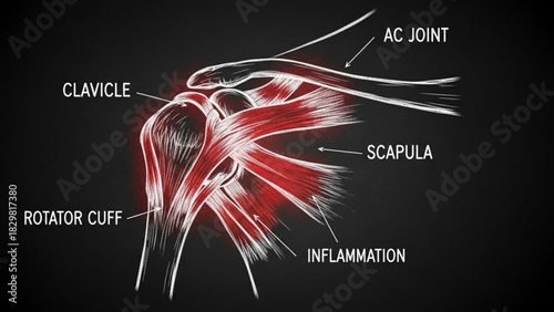 Anatomical illustration of the shoulder showing the rotator cuff and inflammation area of the joint area