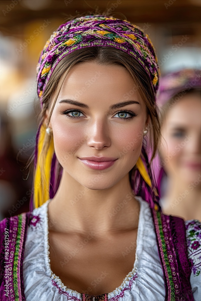 Obraz premium A woman with a purple head scarf and a white shirt