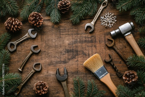 Merry christmas and happy new year celebration workshop digital art festive atmosphere close-up handy construction tools