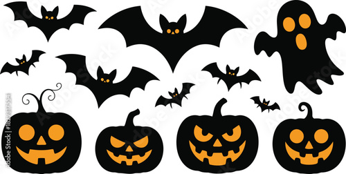 An exciting collection of scary bats, spooky grinning pumpkins, and a friendly ghost celebrating Halloween