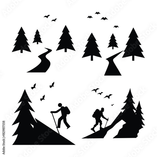 Silhouettes of hikers and trees on mountain trails with birds flying