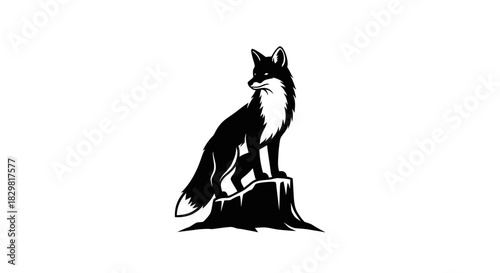 Black and white illustration of a fox sitting on a tree stump.