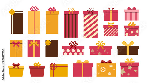 Cute present box illustration collection in flat style featuring colorful gift packages with ribbons patterns and bows perfect for holiday graphics festive designs greeting cards