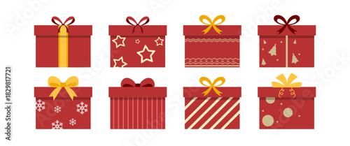 Festive present box illustration collection featuring red holiday gift designs with ribbons stars stripes snowflakes and Christmas themed patterns ideal for seasonal graphics packaging design