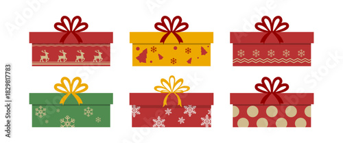 Christmas present illustration set with festive gift boxes in modern flat style featuring ribbon decorations seasonal wrapping patterns ideal for holiday graphics packaging design printable resources 
