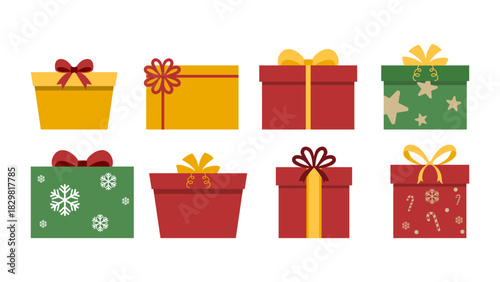 Christmas present box illustration collection featuring colorful holiday gift designs with ribbons patterns and festive elements ideal for seasonal graphics packaging design greeting cards