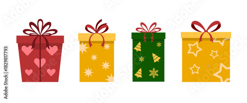 Colorful present box illustration set with festive gift designs in playful flat style ideal for holiday celebration graphics digital greeting cards packaging concepts creative resources
