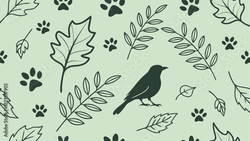 Delightful seamless pattern showcasing birds, leaves, and paw prints for charming textile designs and nature-inspired backgrounds creating a whimsical atmosphere