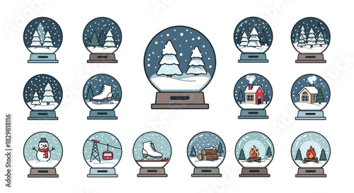 Collection of Festive Winter Snow Globes Featuring Diverse Scenes and Elements