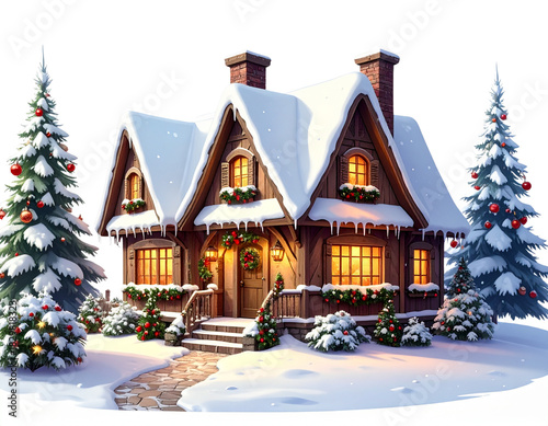 Cozy snow covered christmas house with illuminated windows isolated on transparent background